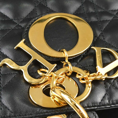 Christian Dior Black Lambskin Large Lady Dior Cannage 2way Shoulder Handbag
