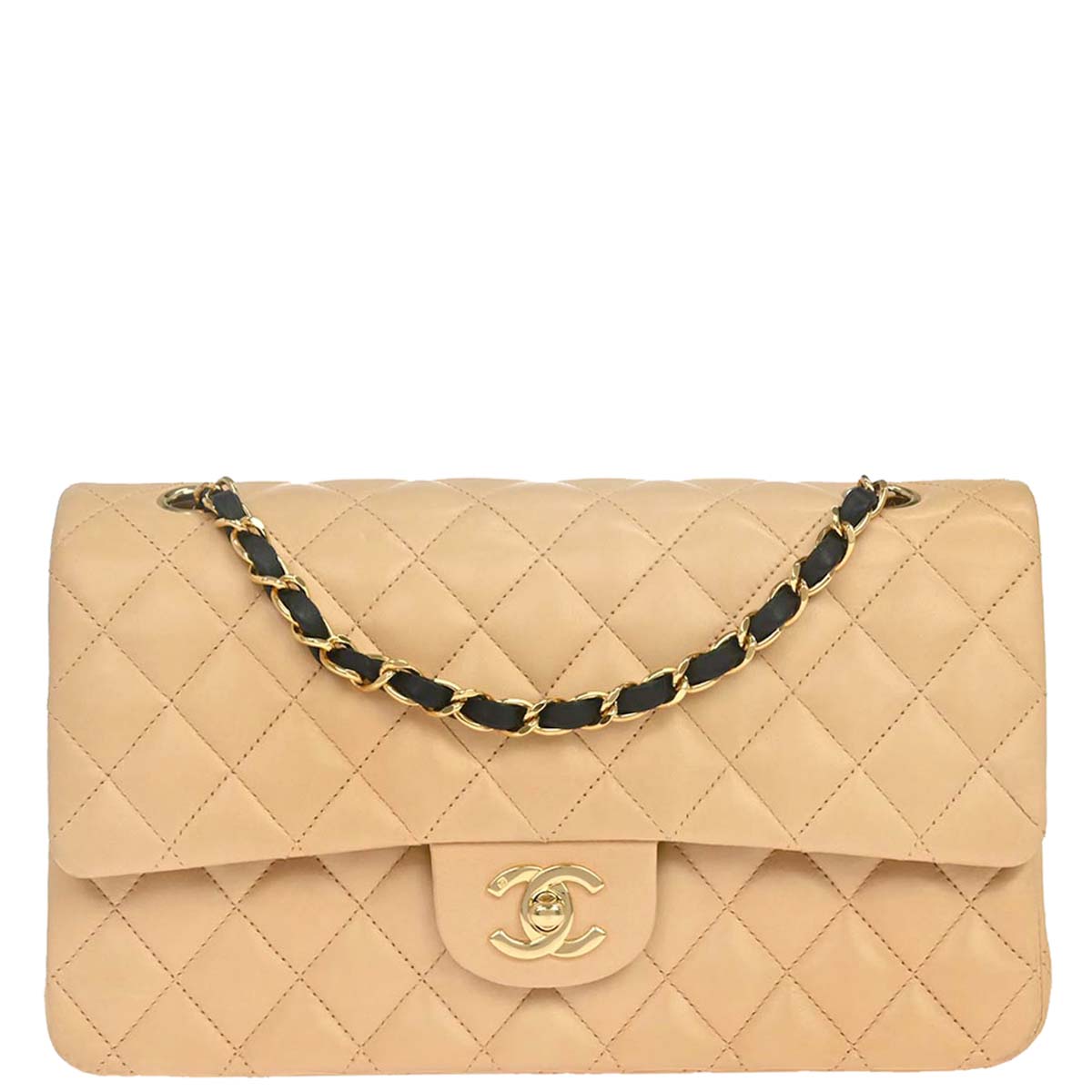 Chanel 2005-2006 Beige Black Lambskin Medium Classic Double Flap Shoulder Bag