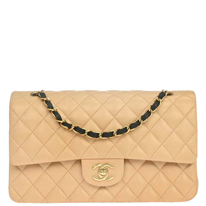 Chanel 2005-2006 Beige Black Lambskin Medium Classic Double Flap Shoulder Bag