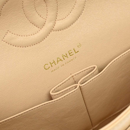 Chanel 2005-2006 Beige Black Lambskin Medium Classic Double Flap Shoulder Bag