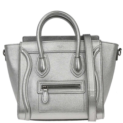 Celine Silver Lambskin Nano Luggage 2way Shoulder Tote Bag