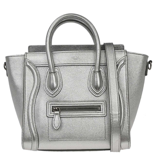 Celine Silver Lambskin Nano Luggage 2way Shoulder Tote Bag