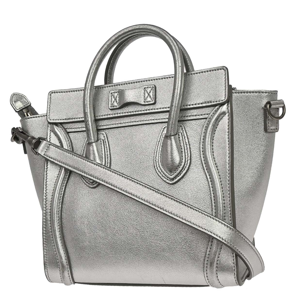 Celine Silver Lambskin Nano Luggage 2way Shoulder Tote Bag