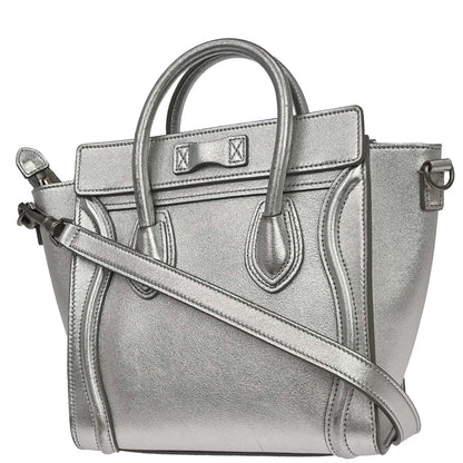 Celine Silver Lambskin Nano Luggage 2way Shoulder Tote Bag