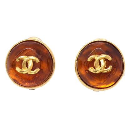 Chanel Button Clip-On Earrings Gold Brown Gripoix 99P