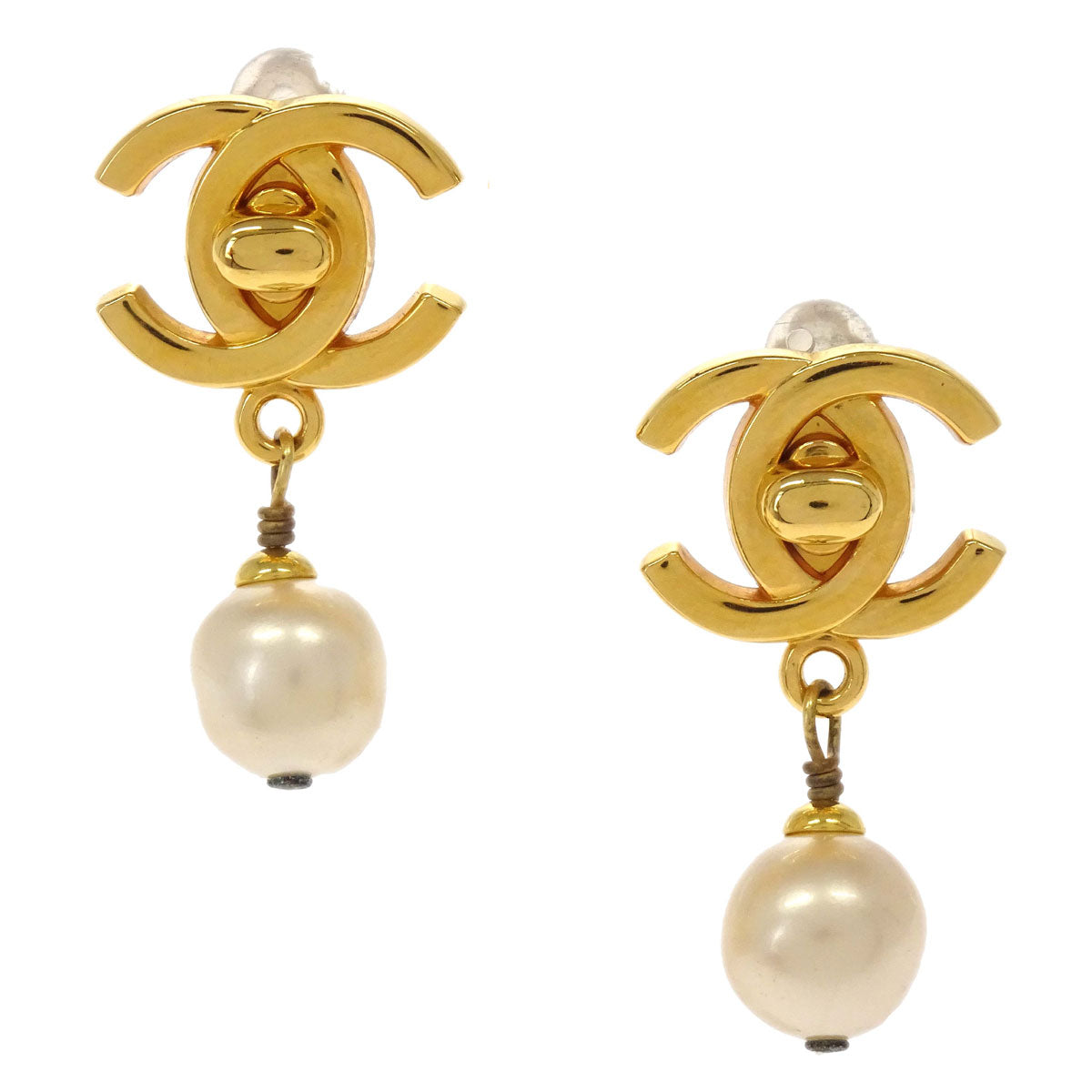 Chanel Turnlock Small Costume Pearl Dangle Clip-On Earrings 97P
