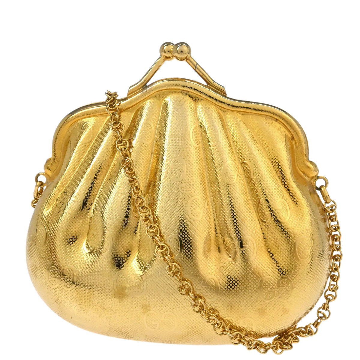 Gucci Gold Metal GG Minaudiere Kiss Lock Pochette Chain Shoulder