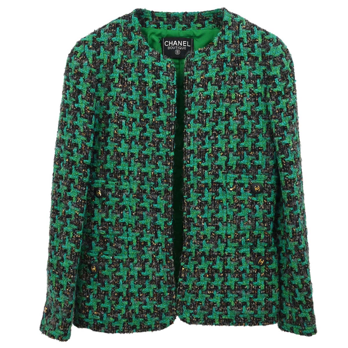 Chanel Collarless Houndstooth Tweed Jacket Green