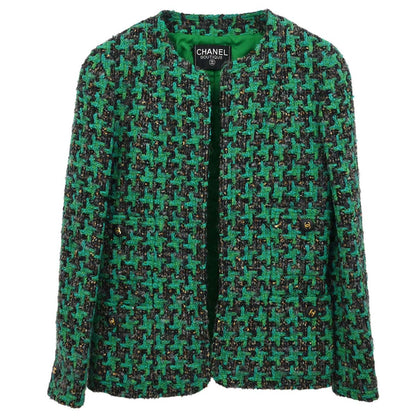 Chanel Collarless Houndstooth Tweed Jacket Green