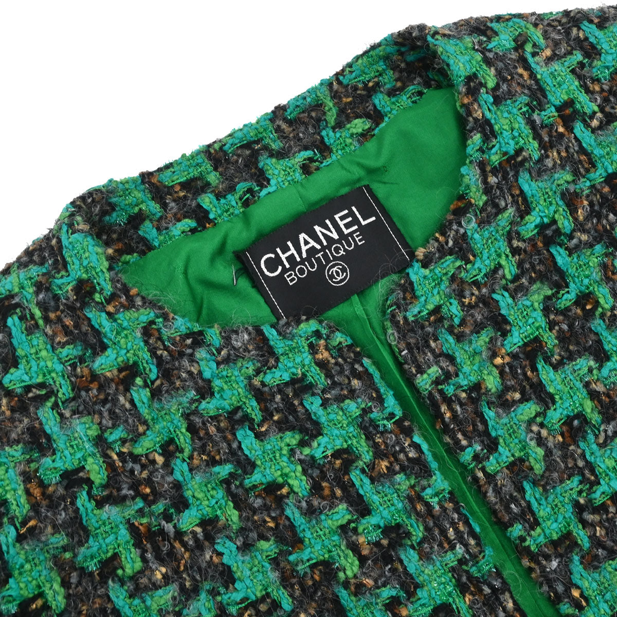 Chanel Collarless Houndstooth Tweed Jacket Green