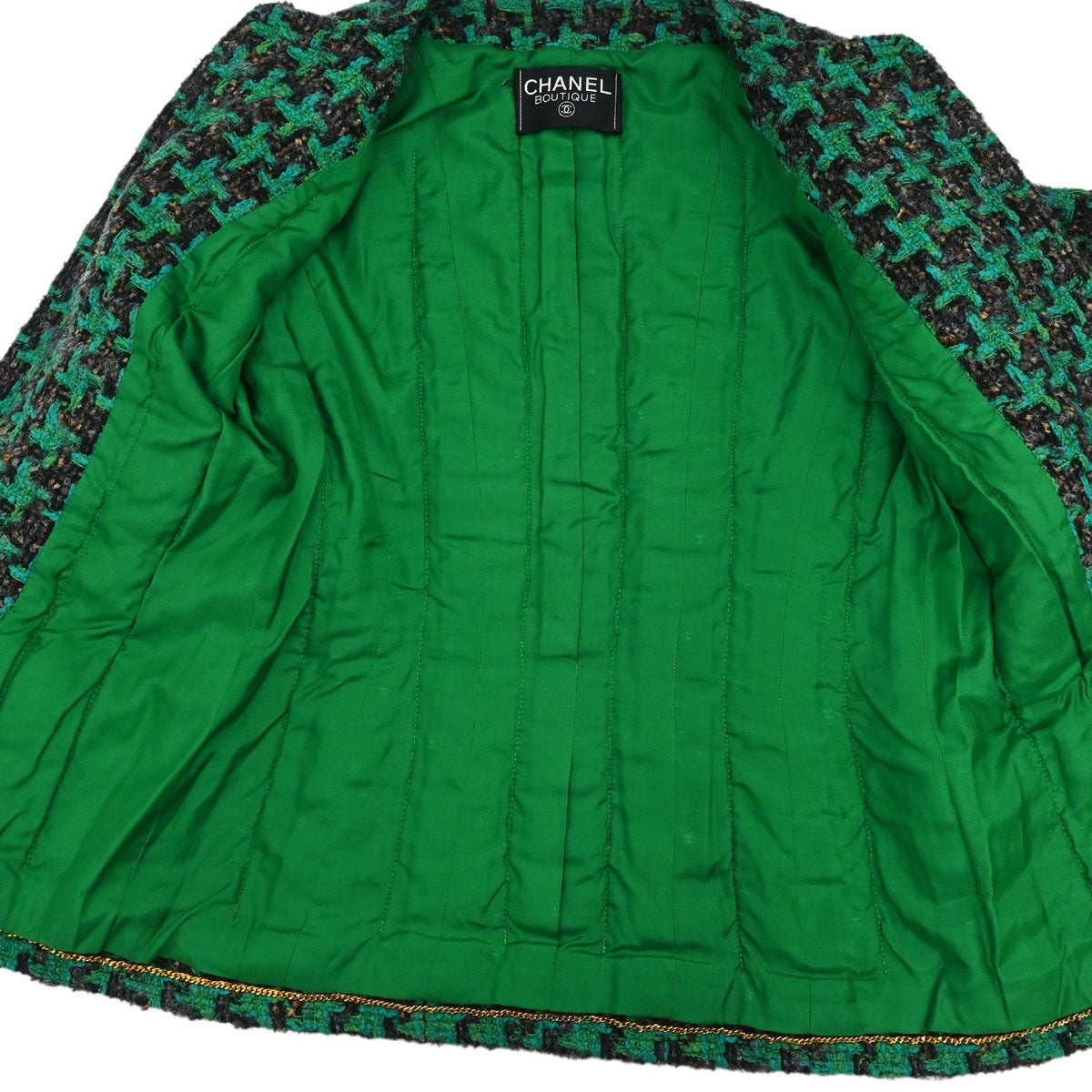 Chanel Collarless Houndstooth Tweed Jacket Green
