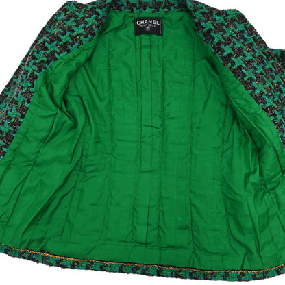 Chanel Collarless Houndstooth Tweed Jacket Green