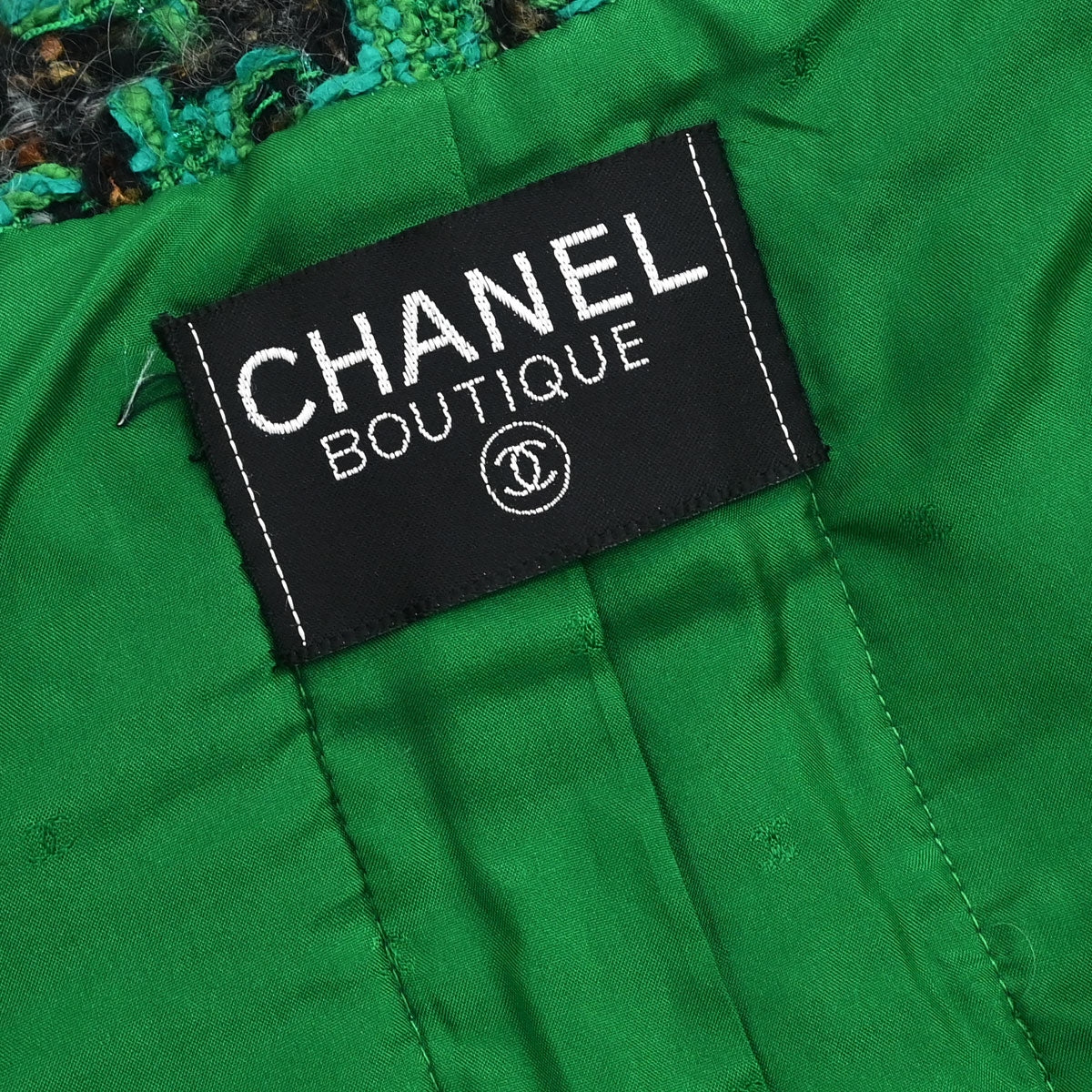 Chanel Collarless Houndstooth Tweed Jacket Green