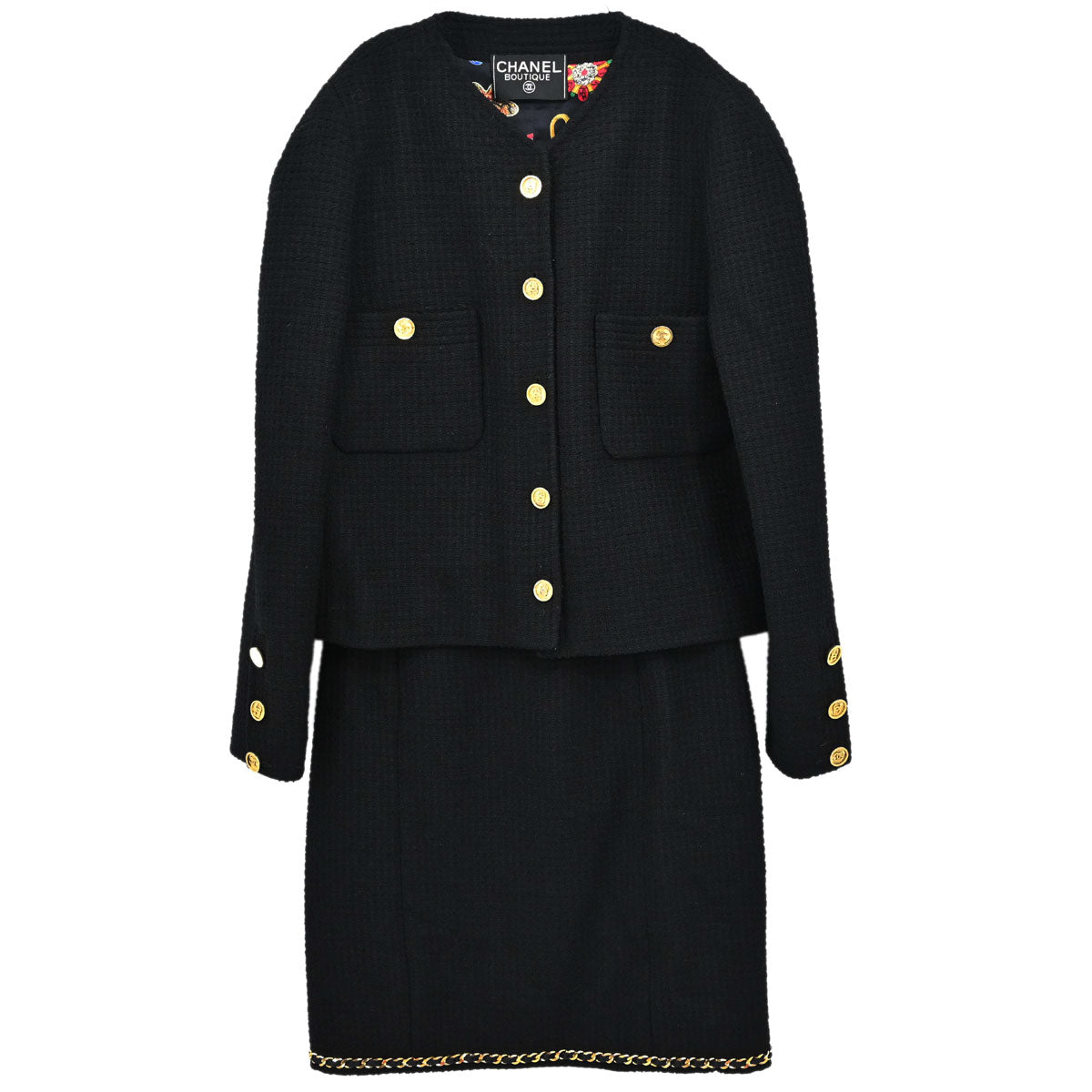 Chanel Setup Suit Jacket Skirt Tweed Black