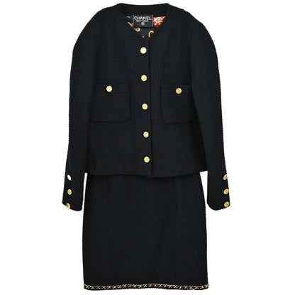 Chanel Setup Suit Jacket Skirt Tweed Black