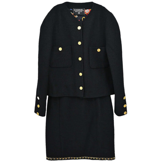 Chanel Setup Suit Jacket Skirt Tweed Black