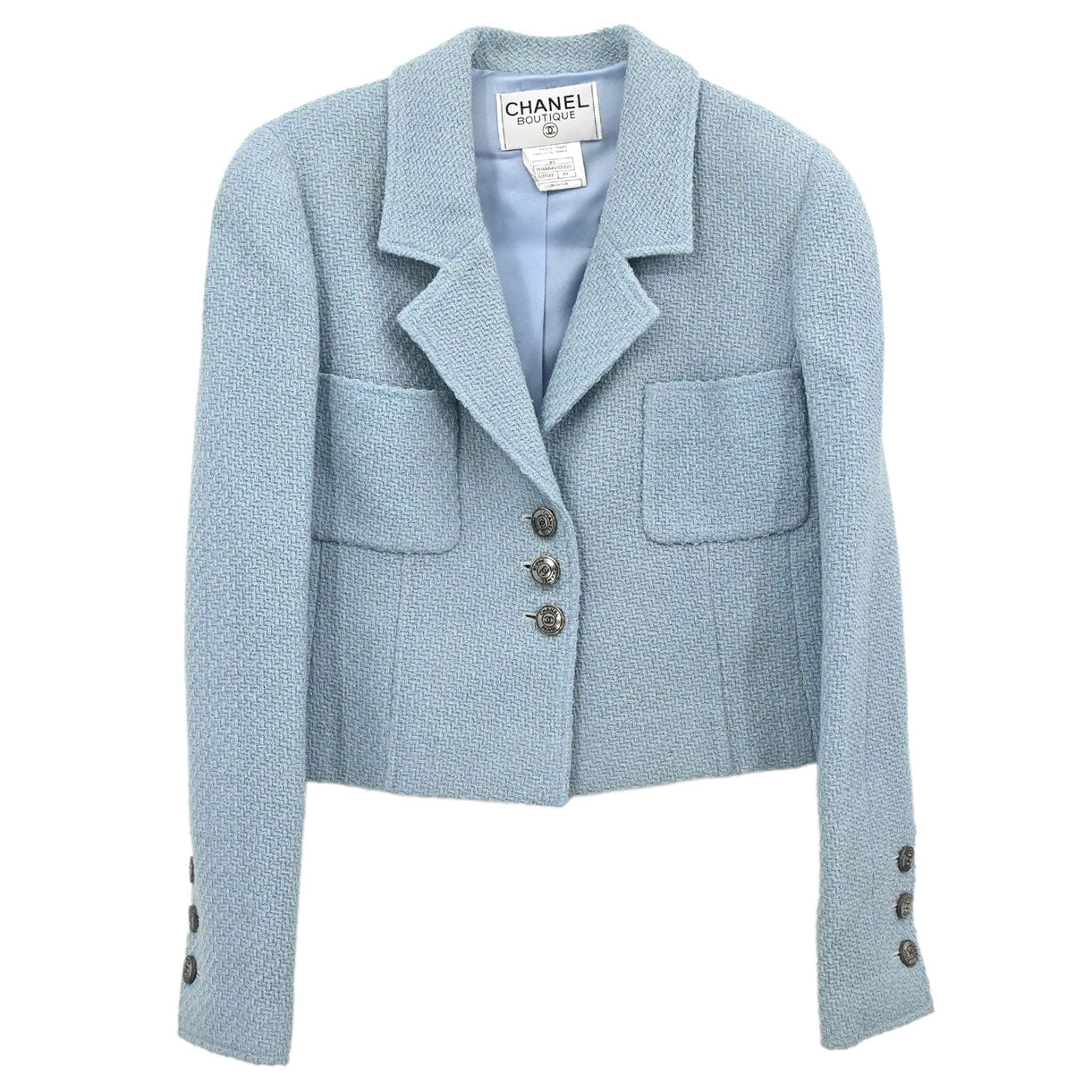 Chanel 1997 Single Breasted Tweed Jacket Light Blue #40