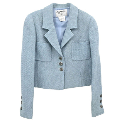 Chanel 1997 Single Breasted Tweed Jacket Light Blue #40