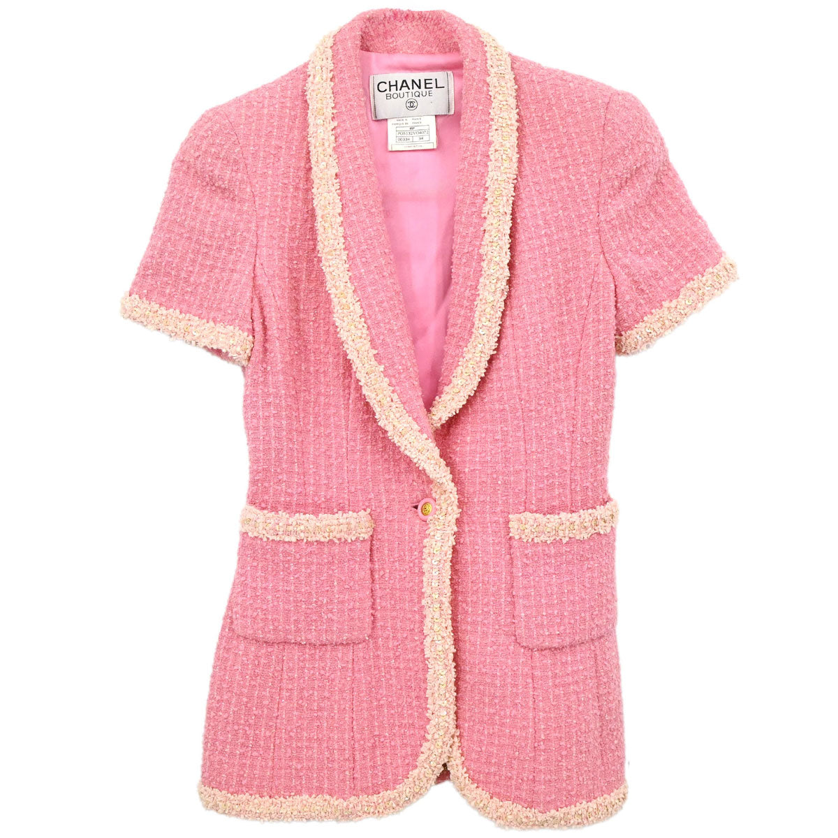 Chanel 1995 Single Breasted Short Sleeve Tweed Sequins Jacket Pink #34