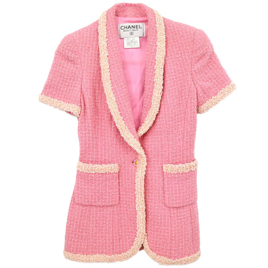 Chanel 1995 Single Breasted Short Sleeve Tweed Sequins Jacket Pink #34