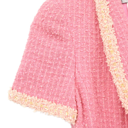 Chanel 1995 Single Breasted Short Sleeve Tweed Sequins Jacket Pink #34