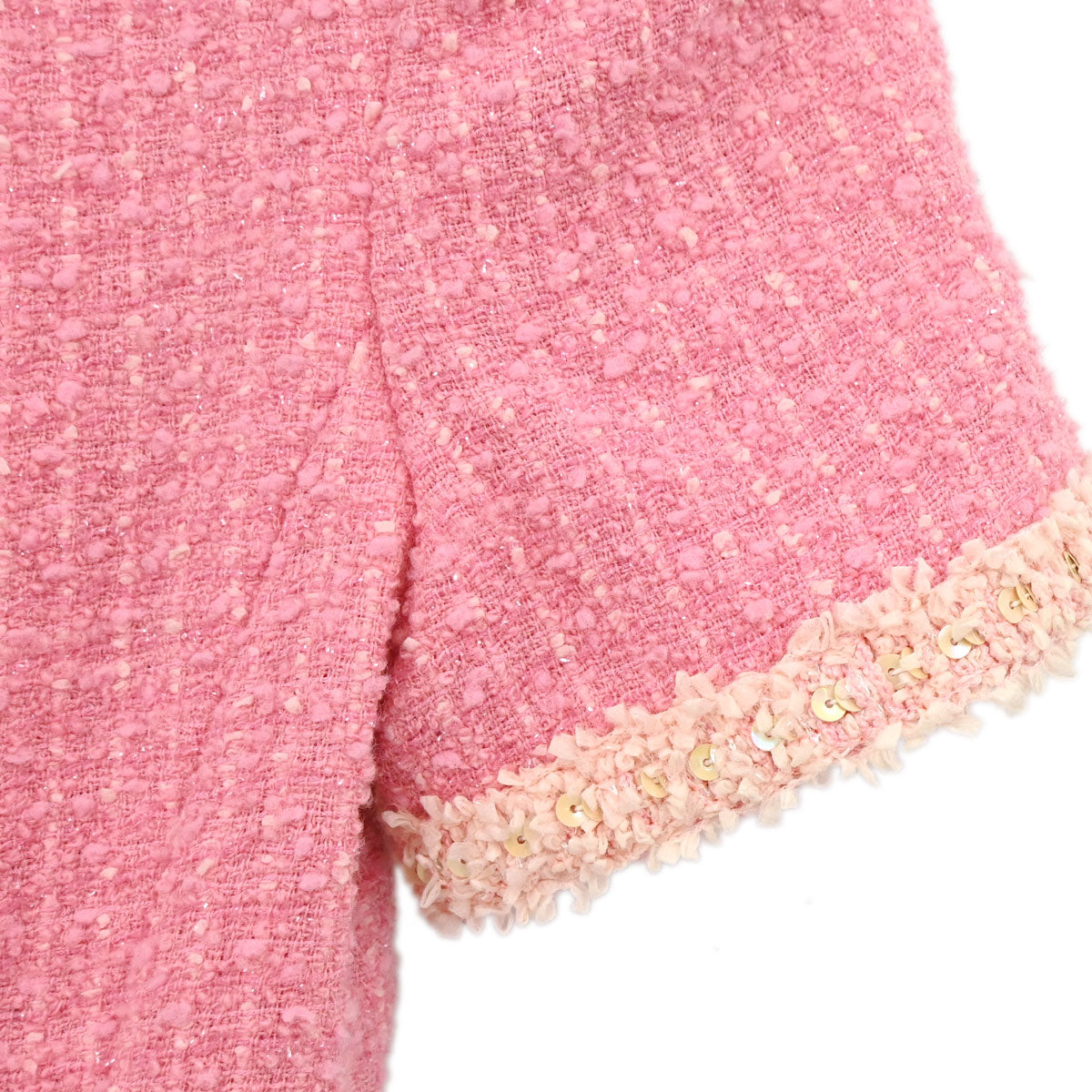 Chanel 1995 Single Breasted Short Sleeve Tweed Sequins Jacket Pink #34