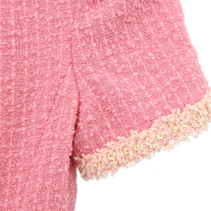 Chanel 1995 Single Breasted Short Sleeve Tweed Sequins Jacket Pink #34