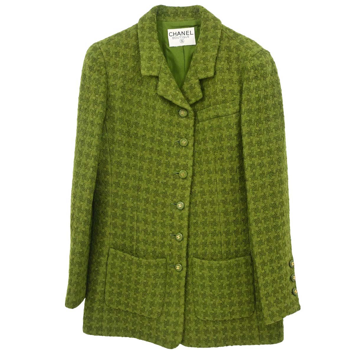 Chanel Single Breasted Jacket Tweed Houndstooth Green