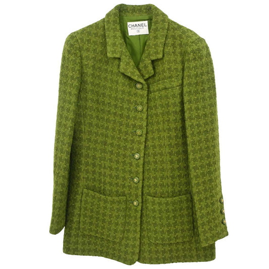 Chanel Single Breasted Jacket Tweed Houndstooth Green