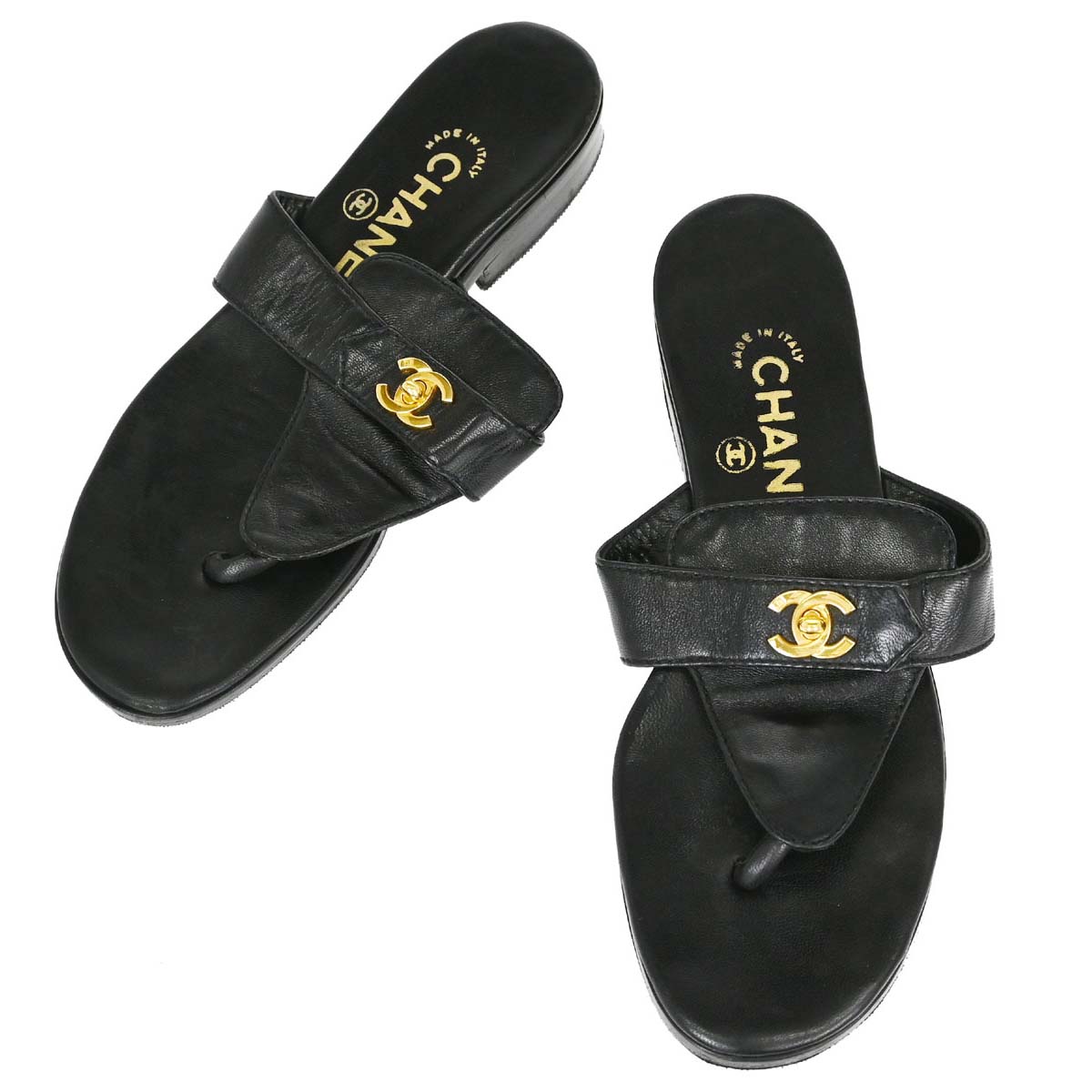 Chanel * CC Turnlock Black Leather Mules Shoes #36
