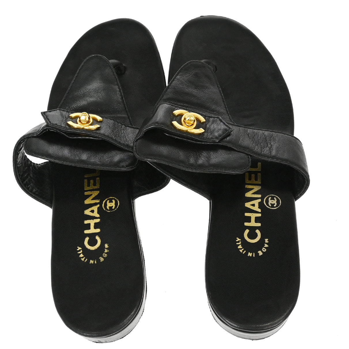 Chanel * CC Turnlock Black Leather Mules Shoes #36