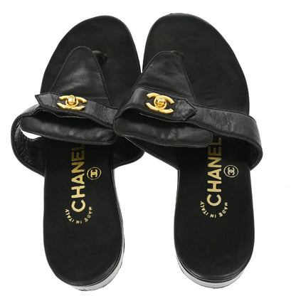 Chanel * CC Turnlock Black Leather Mules Shoes #36