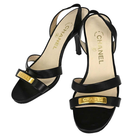 Chanel * Black Leather Sandals Shoes #37