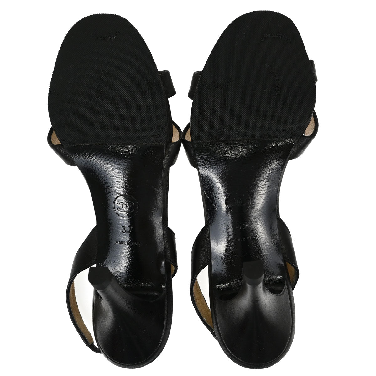 Chanel * Black Leather Sandals Shoes #37