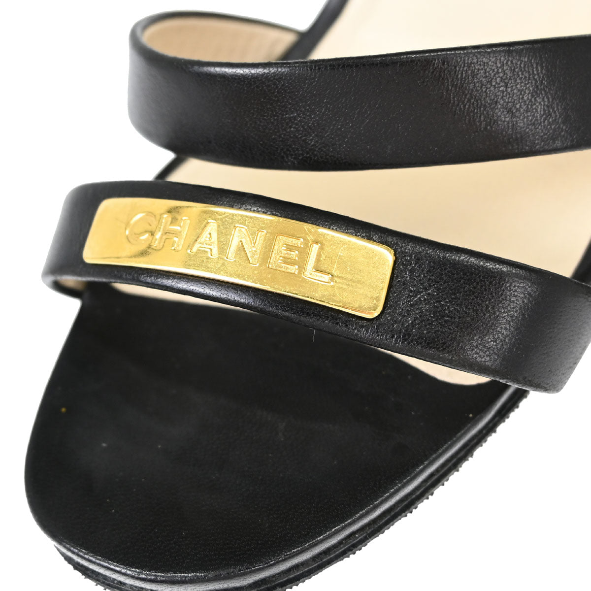 Chanel * Black Leather Sandals Shoes #37