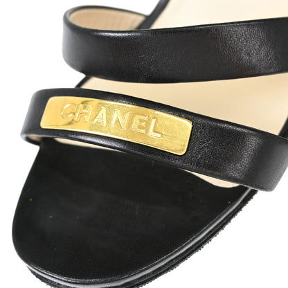 Chanel * Black Leather Sandals Shoes #37