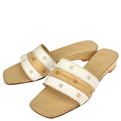 Chanel * CC Beige White Leather Mules Shoes #36