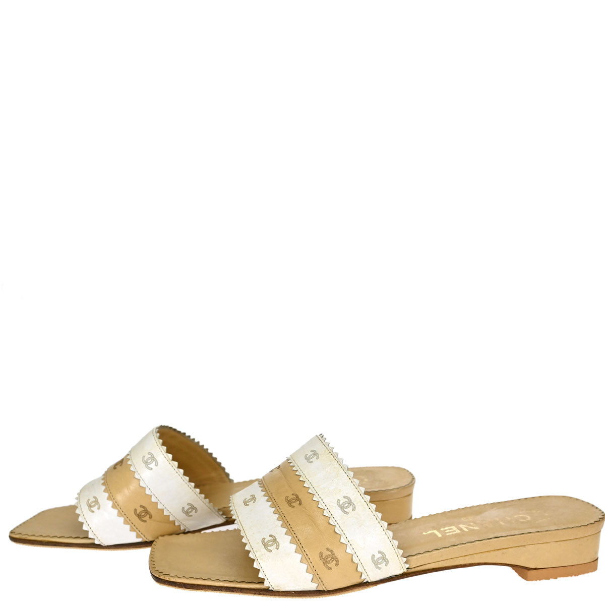 Chanel * CC Beige White Leather Mules Shoes #36