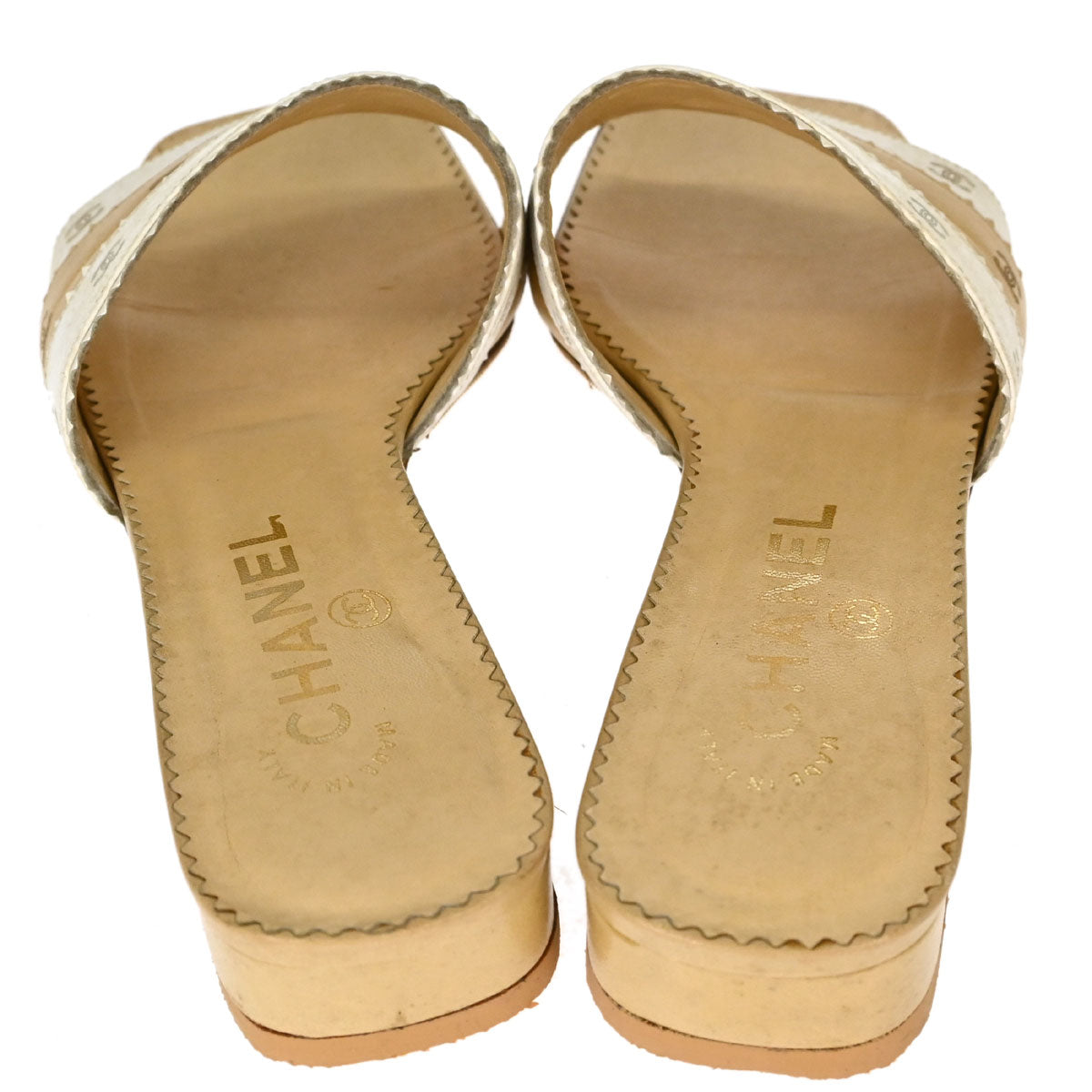 Chanel * CC Beige White Leather Mules Shoes #36
