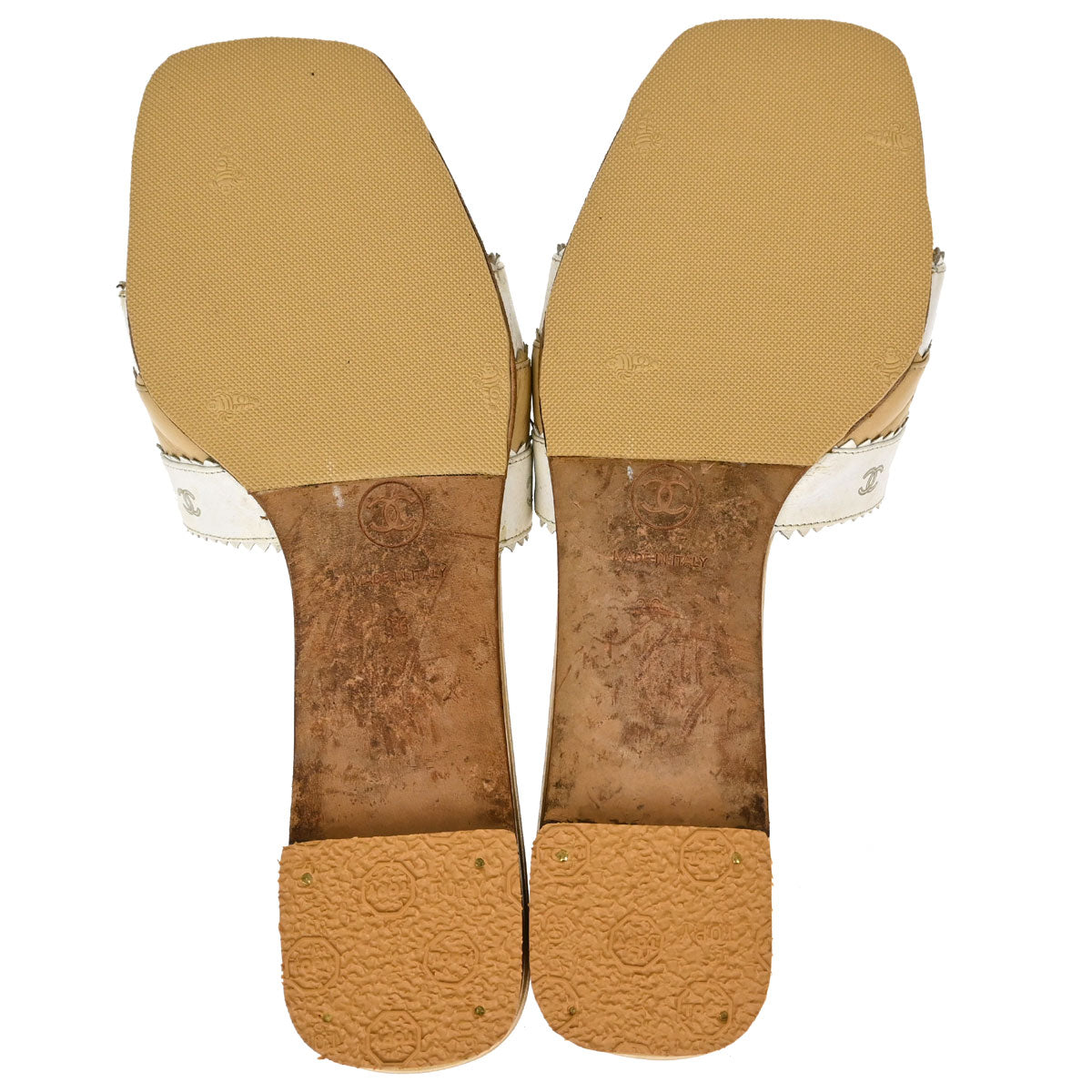 Chanel * CC Beige White Leather Mules Shoes #36