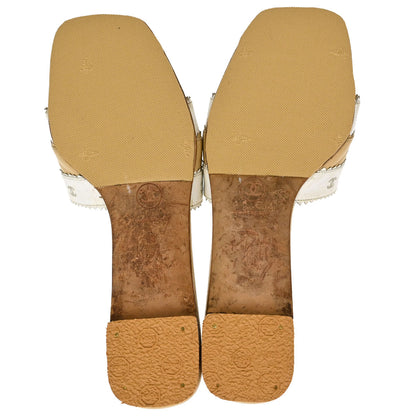 Chanel * CC Beige White Leather Mules Shoes #36