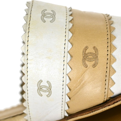 Chanel * CC Beige White Leather Mules Shoes #36