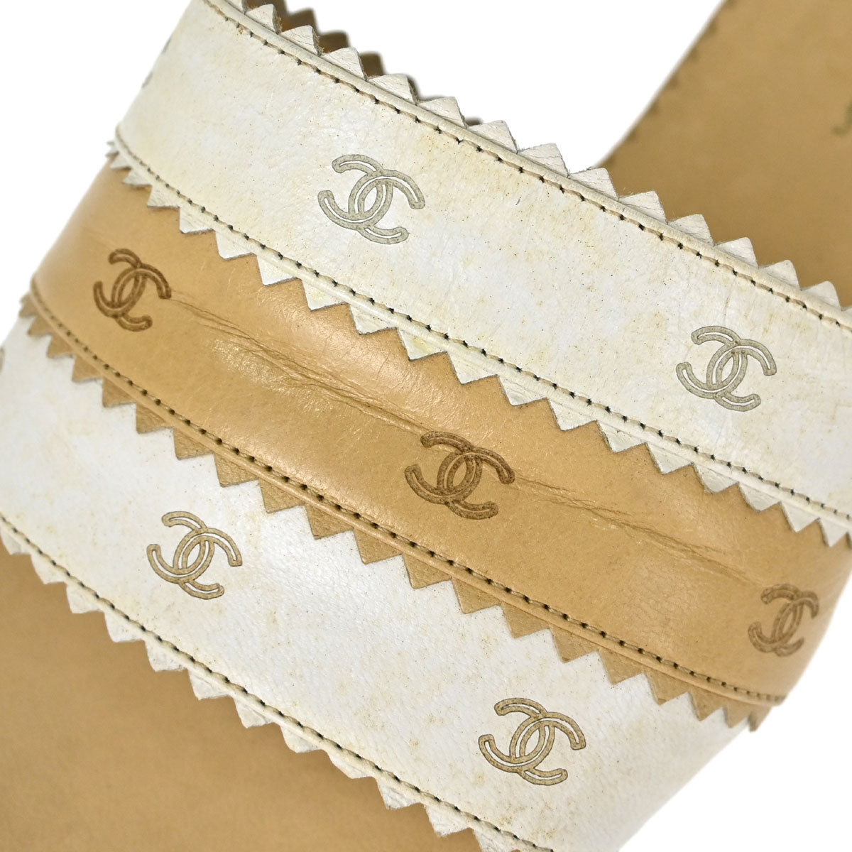 Chanel * CC Beige White Leather Mules Shoes #36