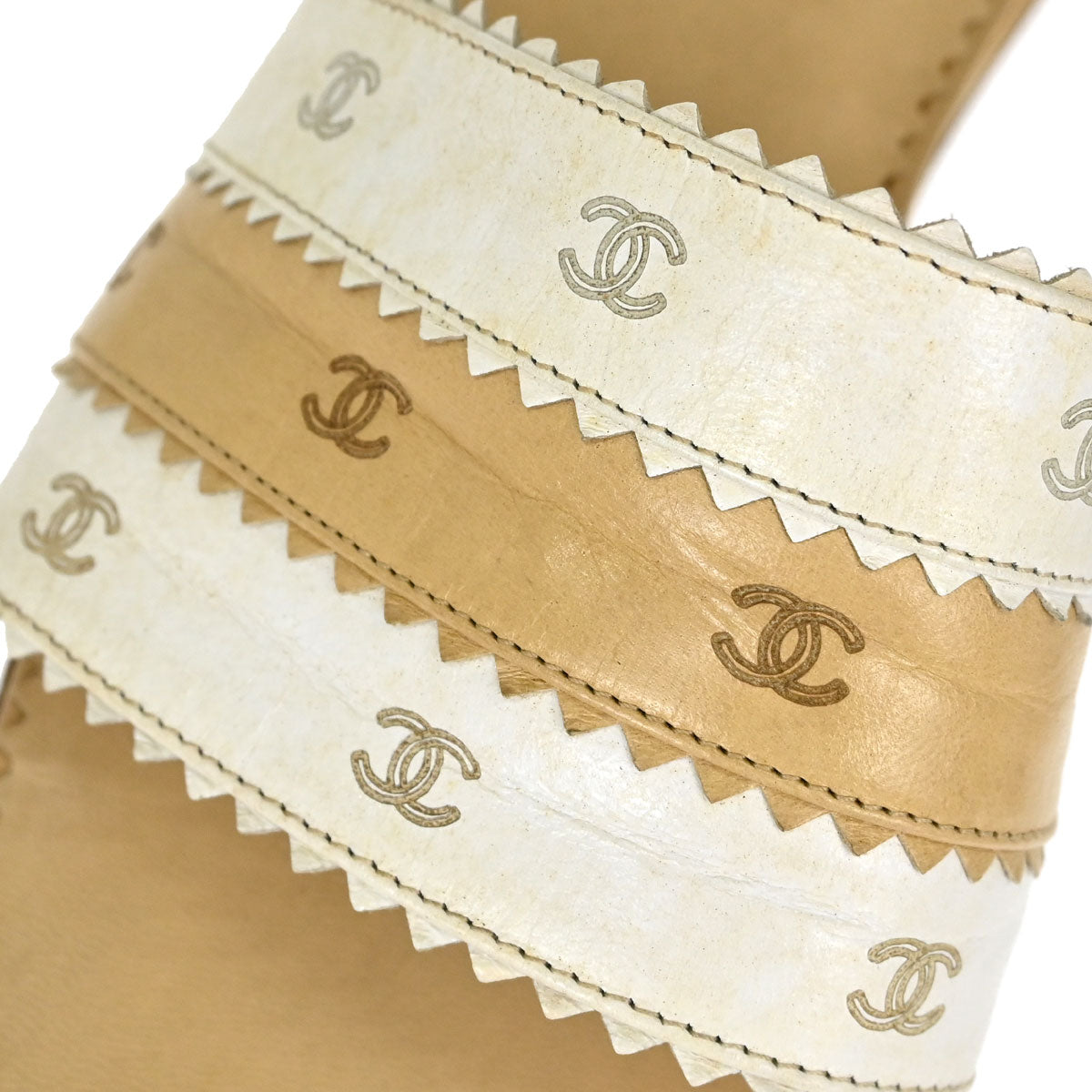 Chanel * CC Beige White Leather Mules Shoes #36