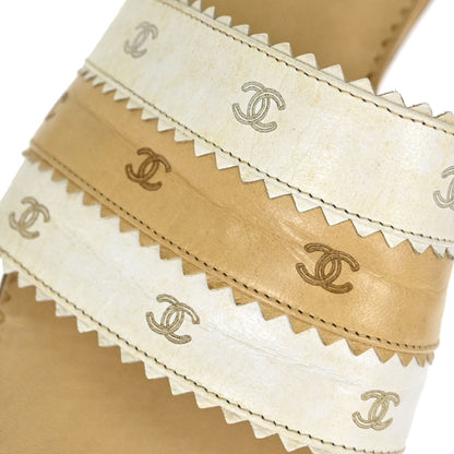 Chanel * CC Beige White Leather Mules Shoes #36