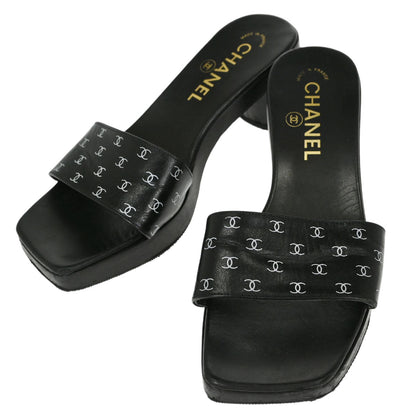 Chanel * CC Black Wood Leather Mules Shoes #36