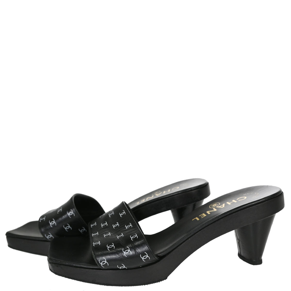 Chanel * CC Black Wood Leather Mules Shoes #36