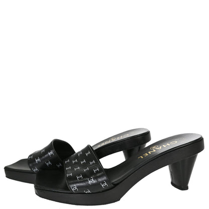 Chanel * CC Black Wood Leather Mules Shoes #36