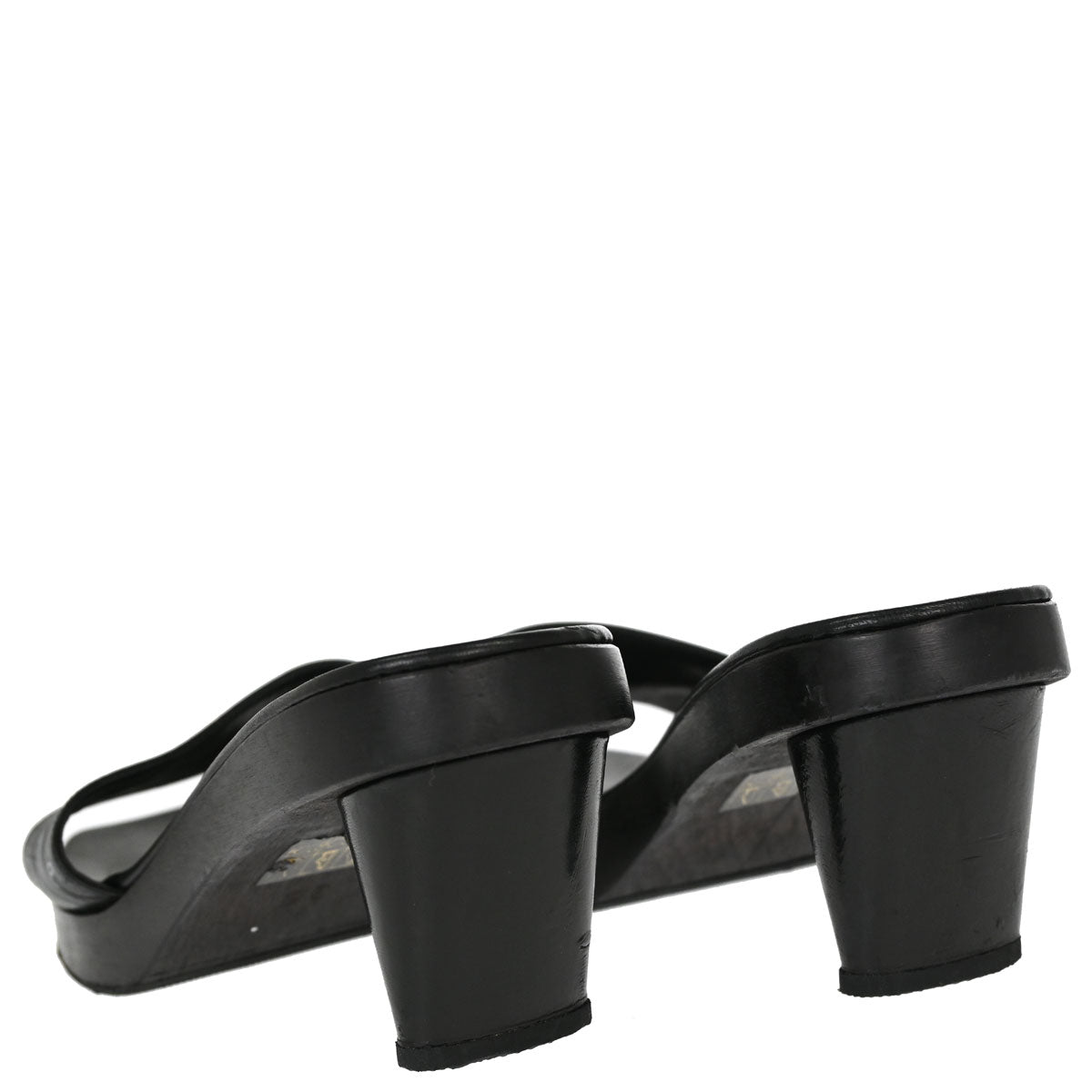 Chanel * CC Black Wood Leather Mules Shoes #36