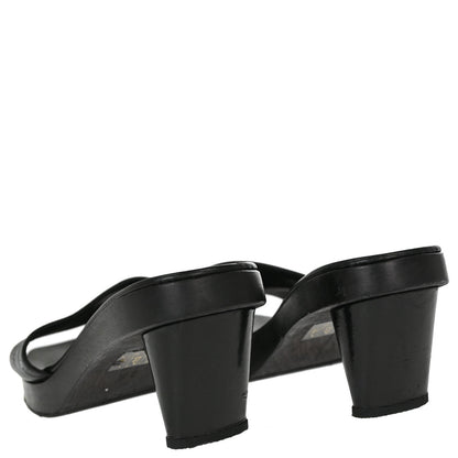 Chanel * CC Black Wood Leather Mules Shoes #36